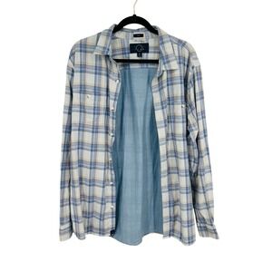 Even Tide Mens Plaid Button Down Shirt Slim Fit Blue Tan XL